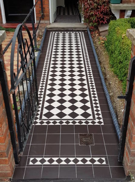 Outdoor Monochrome Victorian Tiled Entrance Pathway To Front Door