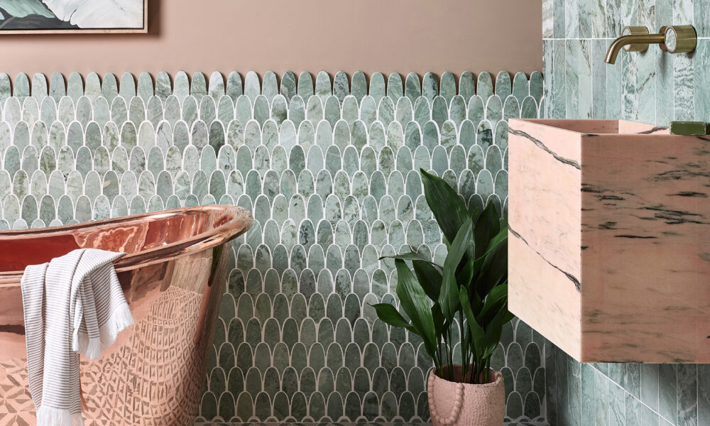 East Java Marble Hummingbird Plume, Brick and Temple Mosaic - CREDIT BC DESIGNS BATH AND TAPS